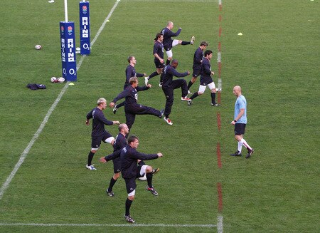 BAGSHOT, ENGLAND - OCTOBER 28: The England backs warm up during the England training session held at Pennyhill Park on October 28, 2009 in Bagshot, England.  <br /><br /><span class="help">(Photo by David Rogers/Getty Images)</span>