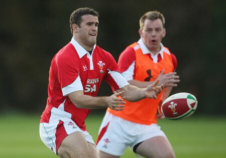 CARDIFF, WALES - OCTOBER 28:  Jamie Roberts (l) in action during Wales training at the Vale Resort on October 28 ,2009 in Cardiff, Wales.  <br /><br /><span class="help">(Photo by Stu Forster/Getty Images)</span>