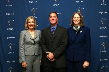 NEW YORK - OCTOBER 28:  Michael Whan is announced as the new commissioner of the LPGA and poses for a photo with LPGA directors Dawn Hudson (L) and Leslie Greis following a press conference at Madison Square Garden on October 28, 2009 in New York, New York.  <br /><br /><span class="help">(Photo by Chris Trotman/Getty Images)</span>