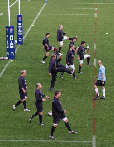 BAGSHOT, ENGLAND - OCTOBER 28:  The England backs warm up during the England training session held at Pennyhill Park on October 28, 2009 in Bagshot, England.  <br /><br /><span class="help">(Photo by David Rogers/Getty Images)</span>