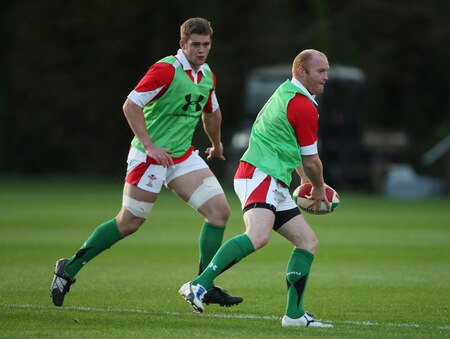 CARDIFF, WALES - OCTOBER 28: Martyn Williams (r) in action during Wales training at the Vale Resort on October 28 ,2009 in Cardiff, Wales.  <br /><br /><span class="help">(Photo by Stu Forster/Getty Images)</span>