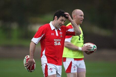 CARDIFF, WALES - OCTOBER 28:  Stephen Jones (l) and Tom Shanklin look on during Wales training at the Vale Resort on October 28 ,2009 in Cardiff, Wales.  <br /><br /><span class="help">(Photo by Stu Forster/Getty Images)</span>