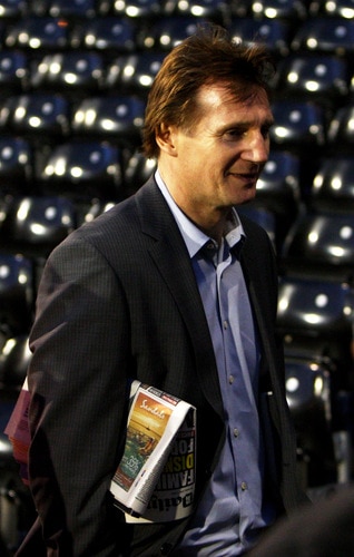 LONDON, ENGLAND - APRIL 04:  Actor Liam Neeson leaves the ground following the final whistle during the Barclays Premier League match between Fulham and Liverpool at Craven Cottage on April 4, 2009 in London, England.  <br /><br /><span class="help">(Photo by Ryan Pierse/Getty Images)</span>