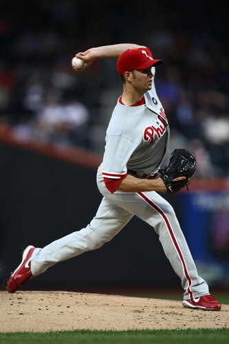 NEW YORK - JUNE 09:  J.A. Happ #43 of the Philadelphia Phillies pitches against the  New York Mets  during their game at Citi Field on June 9, 2009 in the Flushing neighborhood of the Queens borough of New York City.  <br /><br /><span class="help">(Photo by Chris McGrath/Getty Images)</span>