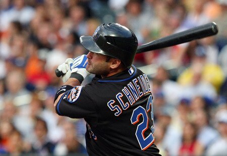 NEW YORK - JUNE 19:  Brian Schneider #23 of the New York Mets watches the flight of his second inning three run home run against the Tampa Bay Rays on June 19, 2009 at Citi Field in the Flushing neighborhood of the Queens borough of New York City.  <br /><br /><span class="help">(Photo by Jim McIsaac/Getty Images)</span>