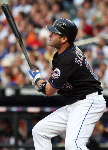 NEW YORK - JUNE 19:  Brian Schneider #23 of the New York Mets watches the flight of his second inning three run home run against the Tampa Bay Rays on June 19, 2009 at Citi Field in the Flushing neighborhood of the Queens borough of New York City.  <br /><br /><span class="help">(Photo by Jim McIsaac/Getty Images)</span>