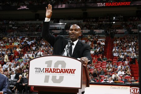 MIAMI - OCTOBER 28: Tim Hardaway participates in the Tim Hardaway Jersey Retirement Ceremony on October 28, 2009 at American Airlines Arena in Miami, Florida. <br /><br /><span class="help">(Photo by Issac Baldizon/NBAE via Getty Images)</span>