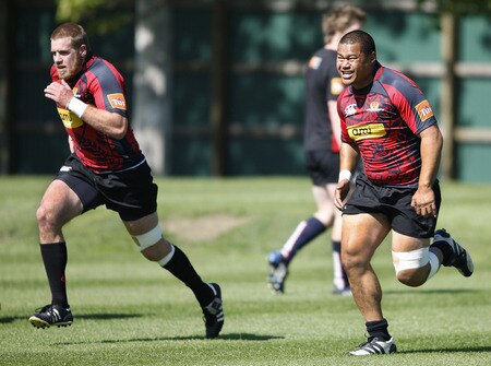 CHRISTCHURCH, NEW ZEALAND - NOVEMBER 05: (L-R) Pete Borlase of Canterbury and team mate Ti'i Paulo sprint during a Canterbury Air New Zealand Cup training session at Rugby Park on November 5, 2009 in Christchurch, New Zealand.  <br /><br /><span class="help">(Photo by Martin Hunter/Getty Images)</span>