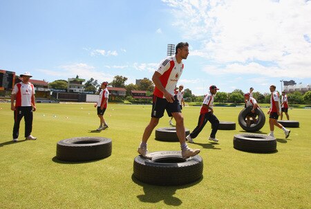 BLOEMFONTEIN, SOUTH AFRICA - NOVEMBER 03:  Sajid Mahmood of England jumps on some tyres during the England nets session at the Outsurance Oval on November 3, 2009 in Bloemfontein, South Africa.  <br /><br /><span class="help">(Photo by Tom Shaw/Getty Images)</span>
