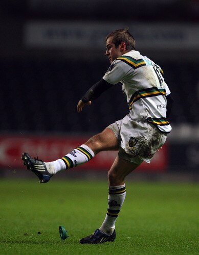 SWANSEA, WALES - NOVEMBER 05: Saints fly half Stephen Myler kicks a penalty during the LV = Anglo Welsh cup match between Ospreys and Northampton Saints at the Liberty Stadium on November 5, 2009 in Swansea, Wales.  <br /><br /><span class="help">(Photo by Stu Forster/Getty Images)</span>