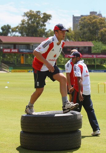 BLOEMFONTEIN, SOUTH AFRICA - NOVEMBER 03:  Jonathan Trott of England does some warm up exercises during the England nets session at the Outsurance Oval on November 3, 2009 in Bloemfontein, South Africa.  <br /><br /><span class="help">(Photo by Tom Shaw/Getty Images)</span>