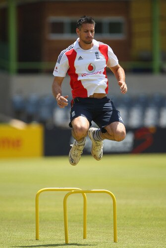 BLOEMFONTEIN, SOUTH AFRICA - NOVEMBER 03:  Sajid Mahmood of England does some warm up exercises during the England nets session at the Outsurance Oval on November 3, 2009 in Bloemfontein, South Africa.  <br /><br /><span class="help">(Photo by Tom Shaw/Getty Images)</span>