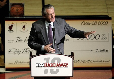 MIAMI - OCTOBER 28:  Team President and former head coach Pat Riley introduces former Heat guard Tim Hardaway before having Hardaway's #10 Heat jersey retired before the New York Knicks take on the Heat at AmericanAirlines Arena on October 28, 2009 in Miami, Florida. <br /><br /><span class="help">(Photo by Doug Benc/Getty Images)</span>