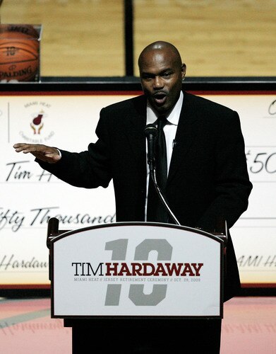 MIAMI - OCTOBER 28:  Former Miami Heat guard Tim Hardaway speaks after having his #10 Heat jersey retired before a game against the New York Knicks at AmericanAirlines Arena on October 28, 2009 in Miami, Florida. <br /><br /><span class="help">(Photo by Doug Benc/Getty Images)</span>