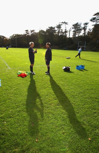 BAGSHOT, ENGLAND - NOVEMBER 04:  Jonny Wilkinson (R) talks to Shane Geraghty during the England training session held at Pennyhill Park on November 4, 2009 in Bagshot, England.  <br /><br /><span class="help">(Photo by David Rogers/Getty Images)</span>