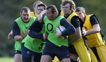BAGSHOT, ENGLAND - NOVEMBER 04:  Steve Thompson powers forward during the England training session held at Pennyhill Park on November 4, 2009 in Bagshot, England.  <br /><br /><span class="help">(Photo by David Rogers/Getty Images)</span>