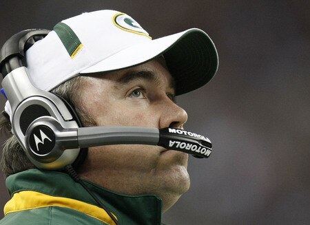 DETROIT , MI - NOVEMBER 26:  Mike McCarthy of the Green Bay Packers looks on while playing the Detroit Lions on November 26, 2009 at Ford Field in Detroit, Michigan. Green Bay won the game 34-12.  <br /><br /><span class="help">(Photo by Gregory Shamus/Getty Images)</span>