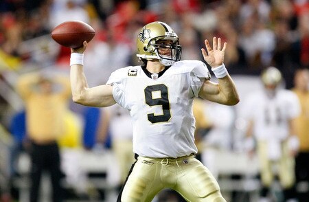 ATLANTA - DECEMBER 13:  Quarterback Drew Brees #9 of the New Orleans Saints throws a pass against the Atlanta Falcons at Georgia Dome on December 13, 2009 in Atlanta, Georgia. The Saints won 26-23. <br /><br /><span class="help">(Photo by Kevin C. Cox/Getty Images)</span>