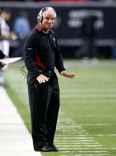 ATLANTA - DECEMBER 13:  Head coach Mike Smith of the Atlanta Falcons reacts against the New Orleans Saintsat Georgia Dome on December 13, 2009 in Atlanta, Georgia. The Saints won 26-23. <br /><br /><span class="help">(Photo by Kevin C. Cox/Getty Images)</span>