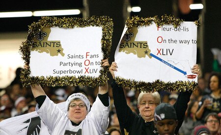 ATLANTA - DECEMBER 13:  Fans of the New Orleans Saints hold up signs in support of their team against the Atlanta Falcons at Georgia Dome on December 13, 2009 in Atlanta, Georgia. The Saints won 26-23. <br /><br /><span class="help">(Photo by Kevin C. Cox/Getty Images)</span>