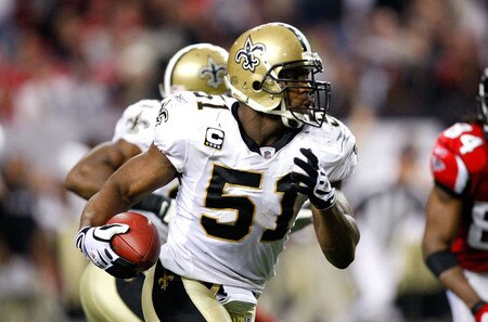 ATLANTA - DECEMBER 13:  Jonathan Vilma #51 of the New Orleans Saints returns an interception against the Atlanta Falcons at Georgia Dome on December 13, 2009 in Atlanta, Georgia. The Saints won 26-23. <br /><br /><span class="help">(Photo by Kevin C. Cox/Getty Images)</span>