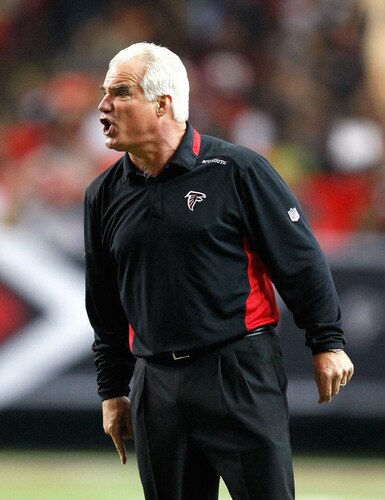 ATLANTA - DECEMBER 13:  Head coach Mike Smith of the Atlanta Falcons argues a call with an official during the game against the New Orleans Saintsat Georgia Dome on December 13, 2009 in Atlanta, Georgia. The Saints won 26-23. <br /><br /><span class="help">(Photo by Kevin C. Cox/Getty Images)</span>