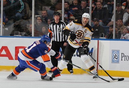 UNIONDALE, NY - DECEMBER 12:  Kyle Okposo #21 of the New York Islanders defends against Zdeno Chara #33 the Boston Bruins during their game at the Nassau Coliseum on December 12, 2009 at the Nassau Coliseum in Uniondale, New York.  <br /><br /><span class="help">(Photo by Al Bello/Getty Images)</span>
