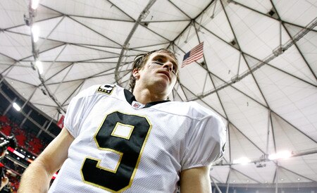 ATLANTA - DECEMBER 13:  Quarterback Drew Brees #9 of the New Orleans Saints walks off the field after their 26-23 win over the Atlanta Falcons at Georgia Dome on December 13, 2009 in Atlanta, Georgia.  <br /><br /><span class="help">(Photo by Kevin C. Cox/Getty Images)</span>