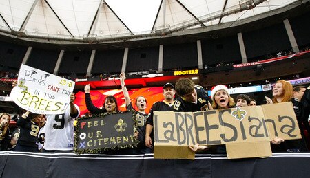 ATLANTA - DECEMBER 13:  Fans of the New Orleans Saints hold up signs after their 26-23 win over the Atlanta Falcons at Georgia Dome on December 13, 2009 in Atlanta, Georgia.  <br /><br /><span class="help">(Photo by Kevin C. Cox/Getty Images)</span>