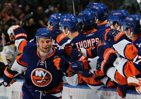 UNIONDALE, NY - DECEMBER 12:  Rob Schremp #13 of the New York Islanders celebrates his goal against  the Boston Bruins during their game at the Nassau Coliseum on December 12, 2009 at the Nassau Coliseum in Uniondale, New York.  <br /><br /><span class="help">(Photo by Al Bello/Getty Images)</span>