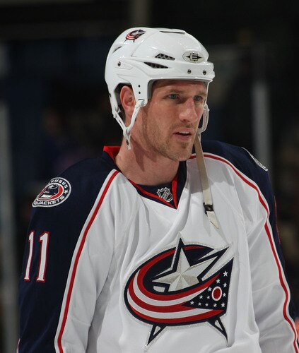 UNIONDALE, NY - DECEMBER 29:  Recently traded from the Washington Capitals, Chris Clark #11 of the Columbus Blue Jackets lines up in warmups prior to their game against the New York Islanders at the Nassau Coliseum on December 29, 2009 in Uniondale, New York.  <br /><br /><span class="help">(Photo by Bruce Bennett/Getty Images)</span>