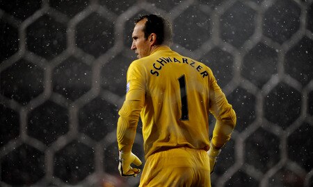 STOKE ON TRENT, ENGLAND - JANUARY 05:  Mark Schwarzer of Fulham looks on in the freezing conditions during the Barclays Premier League match between Stoke City and Fulham at The Britannia Stadium on January 5, 2010 in Stoke on Trent, England.  <br /><br /><span class="help">(Photo by Laurence Griffiths/Getty Images)</span>