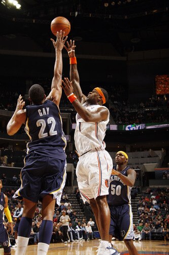 CHARLOTTE, NC - JANUARY 9:  Rudy Gay #22 of the Memphis Grizzlies tries to block a shot by Stephen Jackson #1 of the Charlotte Bobcats on January 9, 2010 at the Time Warner Cable Arena in Charlotte, North Carolina.  <br /><br /><span class="help">(Photo by Kent Smith/NBAE via Getty Images)</span>