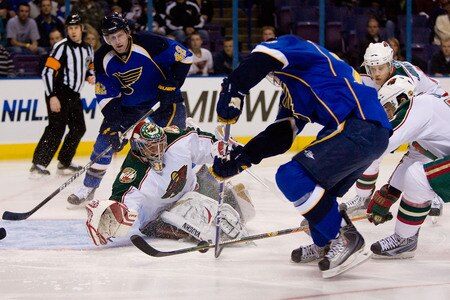 ST. LOUIS, MO. - JANUARY 14: Josh Harding #37 of the Minnesota Wild makes a save against the St. Louis Blues at the Scottrade Center on January 14, 2010 in St. Louis, Missouri.  <br /><br /><span class="help">(Photo by Dilip Vishwanat/Getty Images)</span>