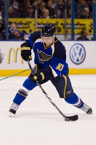 ST. LOUIS, MO. - JANUARY 14: Andy McDonald #10 of the St. Louis Blues shots the puck against the Minnesota Wild at the Scottrade Center on January 14, 2010 in St. Louis, Missouri.  <br /><br /><span class="help">(Photo by Dilip Vishwanat/Getty Images)</span>