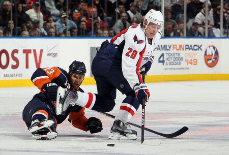 UNIONDALE, NY - JANUARY 26:  Alexander Semin #28 of the Washington Capitals skates the puck past Rob Schremp #13 of the New York Islanders on January 26, 2010 at Nassau Coliseum in Uniondale, New York.  <br /><br /><span class="help">(Photo by Jim McIsaac/Getty Images)</span>