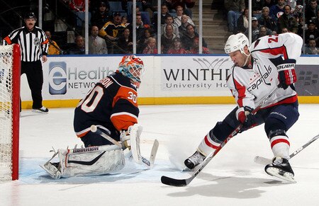 UNIONDALE, NY - JANUARY 26:  Mike Knuble #22 of the Washington Capitals scores a first period goal past Dwayne Roloson #30 of the New York Islanders on January 26, 2010 at Nassau Coliseum in Uniondale, New York.  <br /><br /><span class="help">(Photo by Jim McIsaac/Getty Images)</span>