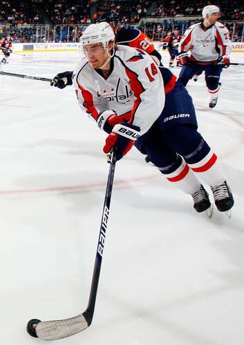 UNIONDALE, NY - JANUARY 26:  Tomas Fleischmann #14 of the Washington Capitals skates against the New York Islanders on January 26, 2010 at Nassau Coliseum in Uniondale, New York.  <br /><br /><span class="help">(Photo by Jim McIsaac/Getty Images)</span>