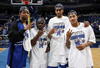 MEMPHIS, TN - MARCH 15: (L to R) Antonio Anderson, Andre Allen, Shawn Taggart and Derrick Rose of the Memphis Tigers pose for a photo after winning their 3rd consecutive CUSA tournament against the Tulsa Golden Hurricane during the finals of the Conference USA Basketball Tournament at FedExForum on March 15, 2008 in Memphis, Tennessee. Memphis beat Tulsa 77-51. (Photo by Joe Murphy/Getty Images)
