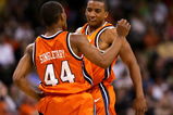 WINSTON-SALEM, NC - MARCH 03:  Teammates J.R. Reynolds #2 and Sean Singletary #44 of the Virginia Cavaliers celebrate after a basket against the Wake Forest Demon Deacons on March 3, 2007 at Lawrence Joel Coliseum in Winston Salem, North Carolina.  (Photo by Streeter Lecka/Getty Images)
