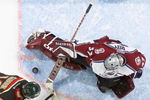 DENVER - APRIL 19:  Goalie Patrick Roy #33 of the Colorado Avalanche stops a shot by Marian Gaborik #10 of the Minnesota Wild during game five of the first round of the 2003 Western Conference Stanley Cup playoffs on April 19, 2003 at the Pepsi Center in Denver, Colorado.  The Wild defeated the Avalanche 3-2. (Photo by Brian Bahr/Getty Images/NHLI) 