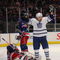NEW YORK - FEBRUARY 22:  Matti Hagman #9 of the Toronto Maple Leafs scores a powerplay goal at 3:00 of overtime to defeat the New York Rangers 3-2 on February 22, 2009 at Madison Square Garden in New York City.  (Photo by Bruce Bennett/Getty Images)