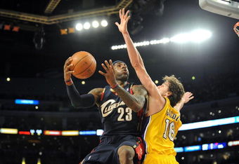LOS ANGELES, CA - JANUARY 19:  LeBron James #23 of the Cleveland Cavaliers puts up a shot against Pau Gasol #16 of the Los Angeles Lakers during the game at Staples Center on January 19, 2009 in Los Angeles, California.  The Lakers defeated the Cavaliers 105-88.  (Photo by Harry How/Getty Images)