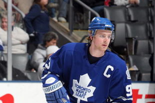 TORONTO - JANUARY 31:  Matt Stajan of the Toronto Maple Leafs warms up before the game against the Pittsburgh Penguins at Air Canada Centre on January 31, 2009 in Toronto, Ontario, Canada. Stajan wore the #93 jersey of Doug Gilmour, whose jersey was raised to the rafters in a ceremony before the game. (Photo by Dave Sandford/Getty Images)