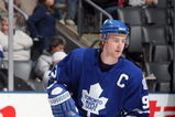 TORONTO - JANUARY 31:  Matt Stajan of the Toronto Maple Leafs warms up before the game against the Pittsburgh Penguins at Air Canada Centre on January 31, 2009 in Toronto, Ontario, Canada. Stajan wore the #93 jersey of Doug Gilmour, whose jersey was raised to the rafters in a ceremony before the game. (Photo by Dave Sandford/Getty Images)