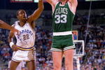 UNDATED:  BOSTON FORWARD LARRY BIRD SHOOTS A JUMP SHOT AND IS FOULED DURING THE CELTICS GAME VERSUS THE GOLDEN STATE WARRIORS AT OAKLAND COLISEUM IN OAKLAND, CALIFORNIA. Mandatory Credit: Stephen Dunn/ALLSPORT