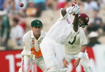 ADELAIDE, AUSTRALIA - NOVEMBER 25:  Brian Lara of the West Indies hits out during day one of the Third Test between Australia and the West Indies played at the Adelaide Oval on November 25, 2005 in Adelaide, Australia.   (Photo by Hamish Blair/Getty Images)