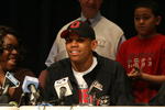 JEANNETTE, PA - MARCH 19:  Terrelle Pryor of Jeannette High School announces his committment to the Ohio State University at a news conference on March 19, 2008 at the Jeannette High School in Jeannette, Pennsylvania. Pryor was joined by grandmother Marlene Arnold and younger brother Maliek Pryor.  (Photo by Charles LeClaire/Getty Images)