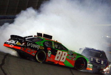 FONTANA, CA - FEBRUARY 21:  Brad Keselowski driver of the #88 GoDaddy.Com Chevrolet wrecks in front of Greg Biffle driver of the #16 CitiFinancial Ford during the NASCAR Nationwide Series Stater Bros. 300 at Auto Club Speedway on February 21, 2009 in Fontana, California.  (Photo by Jeff Gross/Getty Images)