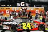 DAYTONA BEACH, FL - FEBRUARY 12: Jeff Gordon, driver of the #24 DuPont Chevrolet, celebrates in victory lane after winning the NASCAR Sprint Cup Series Gatorade Duel 1 at Daytona International Speedway on February 12, 2009 in Daytona Beach, Florida.  (Photo by Geoff Burke/Getty Images for NASCAR)
